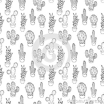 Cactus seamless pattern. Hand drawn cactus lineart. Home plants succulents black and white pattern. Doodle with cute Vector Illustration