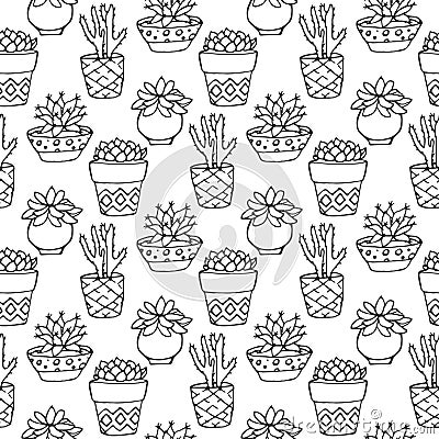 Cactus seamless pattern illustration. Vector succulent and cacti hand drawn set. In door plants in pots. Vector Illustration