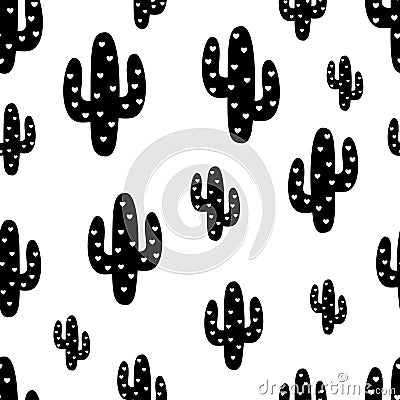 Cactus. Seamless pattern. Vector. Concept of black cactuses with cute hearts on white background. Cactus pattern vector Vector Illustration