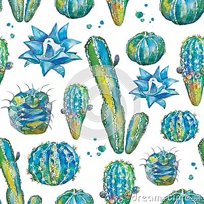 Cactus seamless pattern in watercolor style. Stock Photo