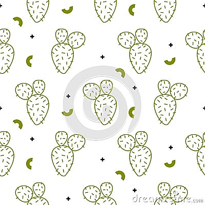 Cactus simple green line style vector pattern. Vector Illustration