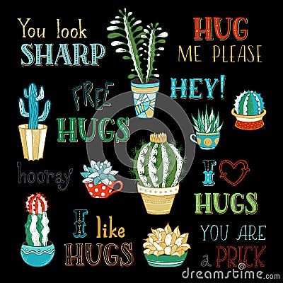 Vector cacti and hand-written lettering on black background. Vector Illustration