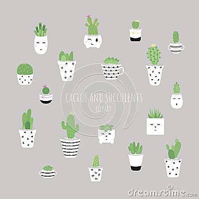 Cactus and succulent plants in pots. Illustration set of hand drawn cacti and succulents growing in cute little pots Vector Illustration