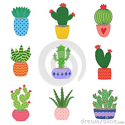 Cactus and succulent plants in pots. Illustration set of hand drawn cacti and succulents growing in cute little pots. Vector Illustration