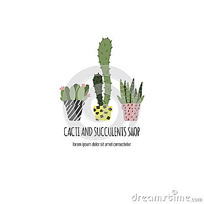 Cactus and succulents in pots. Hand drawn plants concept. Template for garden or flowers shop Vector Illustration