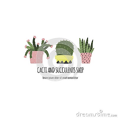 Cactus and succulents in pots. Hand drawn plants concept. Template for garden or flowers shop Vector Illustration