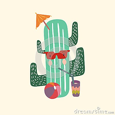 Cactus at summer time, t-shirt, poster or postcard graphics. Vector illustration of cactus with shade glasses, straw, cocktail Vector Illustration