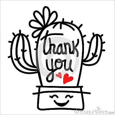 Cactus thank you outline black illustration isolated on white Vector Illustration