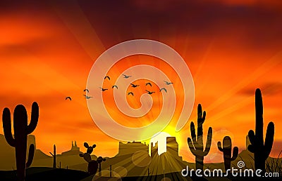 Cactus tree when the sunset Vector Illustration