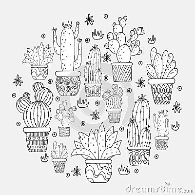 1596 cactus, vector illustration, background in monochrome colors, cacti in pots Vector Illustration