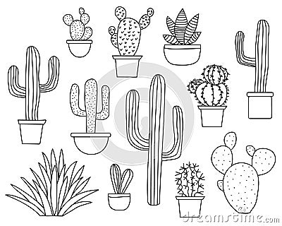 Cactus vector set, hand drawn collection of various succulents and cacti. Line art with no fill. Vector Illustration