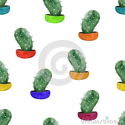 Cactus with white hearts in multicolored pots seamless watercolor pattern. Cartoon Illustration
