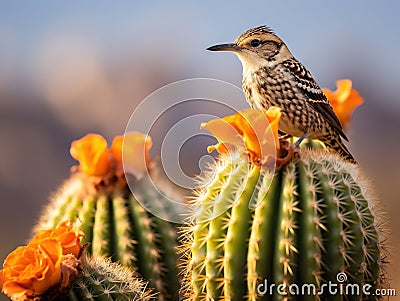 Cactus Wren on a Cholla in the Desert Cartoon Illustration