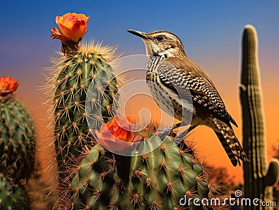 Cactus Wren on a Cholla in the Desert Cartoon Illustration