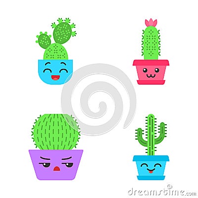 Cactuses flat design long shadow color icons set Vector Illustration