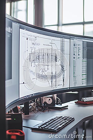CAD diagram of a smart power grid displayed on a large curved computer monitor in a tech office. Stock Photo