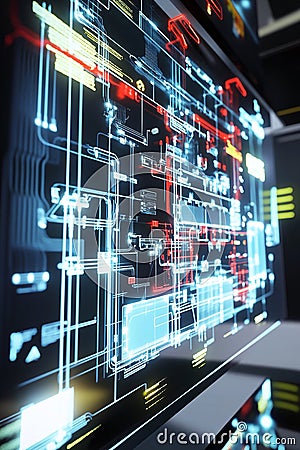 CAD rendering of a futuristic smart power grid displayed on a high-tech desktop setup. Stock Photo