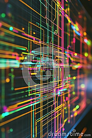 CAD software open on a computer illustrating an electrical power grid with color-coded circuits and pathways. Stock Photo
