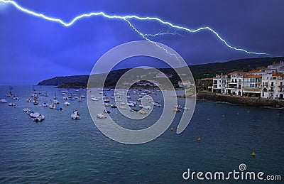 Cadaques view - lightning night storm Stock Photo