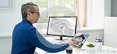 Cadastral Survey Map On Office Computer Stock Photo