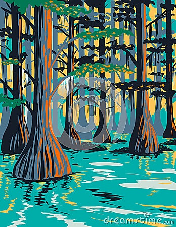 Caddo Lake State Park with Bald Cypress Trees in Harrison and Marion County East Texas USA WPA Poster Art Vector Illustration