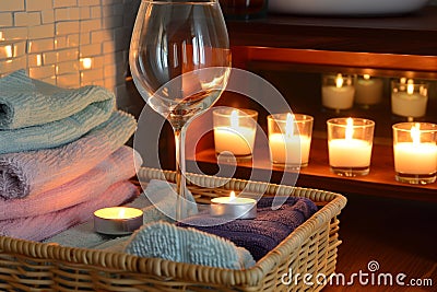 caddy with wine glass, lit candles, and folded washcloths Stock Photo