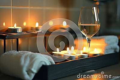 caddy with wine glass, lit candles, and folded washcloths Stock Photo