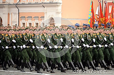 Cadets of the Military Academy of Logistics named after Army General A.V. Khrulev during the parade on Red Square in honor of Vict Editorial Stock Photo