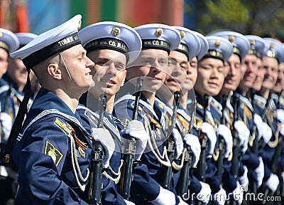 The cadets of the Pacific higher naval school imeni S. O. Makarov on the General parade rehearsal in red square in honor of Victor Editorial Stock Photo