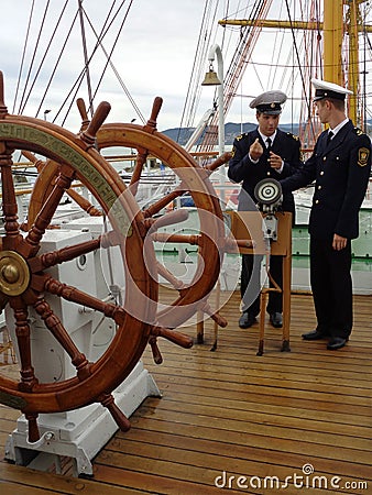Cadets talking on board of sailing ship Editorial Stock Photo