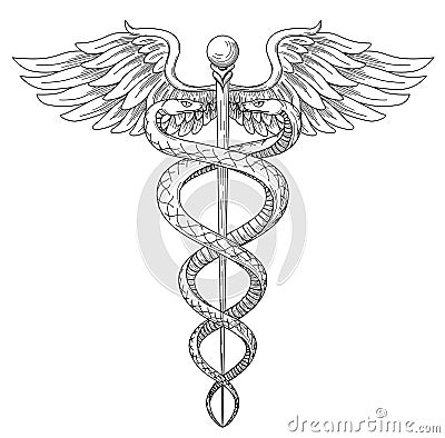 Cadeus Medical medecine pharmacy doctor acient high detailed symbol. Vector hand drawn black linear tho snakes with wings sword b Vector Illustration