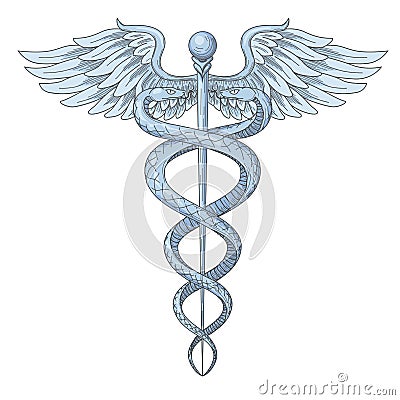 Cadeus Medical medecine pharmacy doctor ancient high detailed symbol. Vector hand drawn linear two snakes with wings sword Vector Illustration