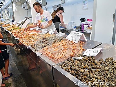 Cadiz Fish Market. Stunning Fresh fish stall in The Central Market of Cadiz, Andalusia, Spain. Editorial Stock Photo