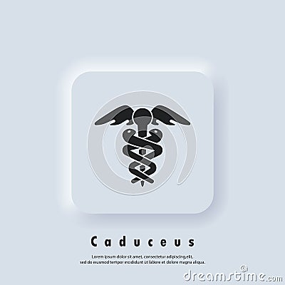Caduceus icon. Hermes healthcare logo. Medical sign. Vector. UI icon. Neumorphic UI UX white user interface web button. Vector Illustration