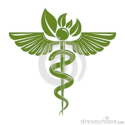 Caduceus symbol composed with poisonous snakes and bird wings, h Vector Illustration