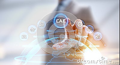 CAE Computer-aided engineering software system concept. Businessman pressing button on screen. Stock Photo