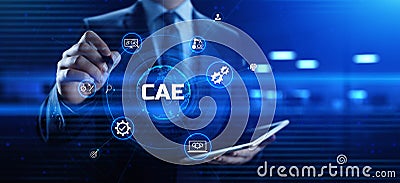 CAE Computer-aided engineering software system concept. Businessman pressing button on screen Stock Photo
