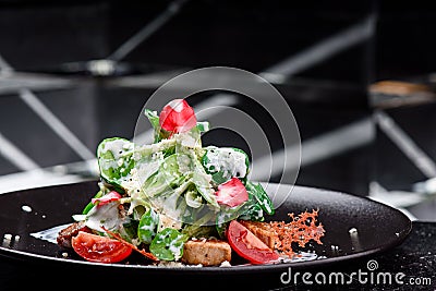 Caesar`s creative feed. Traditional salad with grilled chicken, tomatoes, cheese, spinach and cream sauce Stock Photo