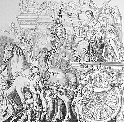 The Caesar`s Triumph by Andrea Mantegna, an Italian painter in the old book Histoire des Peintres, by M. Blanc, 1868, Paris Stock Photo