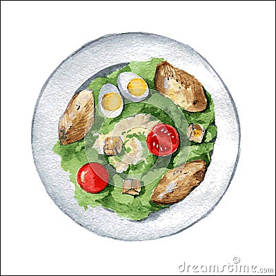 Caesar salad with chicken breast, croutons, eggs and tomatoes. Vector Vector Illustration