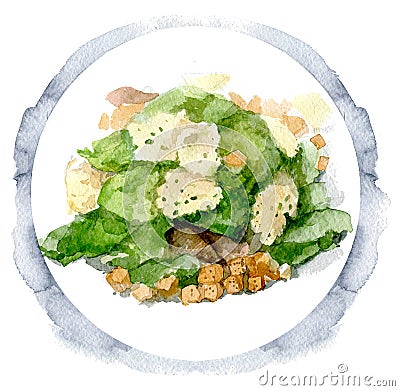 Caesar salad with chicken breast, croutons, eggs and tomatoes. Watercolor illustration isolated on white background. Cartoon Illustration