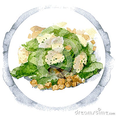 Caesar salad with chicken breast, croutons, eggs and tomatoes. Watercolor illustration isolated on white background Vector Illustration