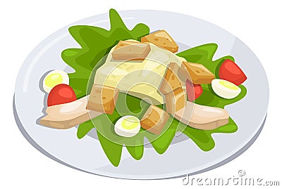Caesar salad on white plate. Classic tasty dish Vector Illustration