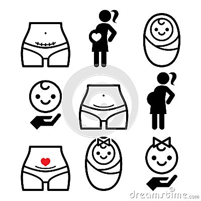 Caesarean section, c-section, pregnant woman, baby icons set Stock Photo