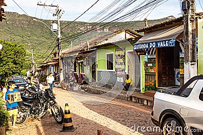 Caete Acu, Brazil - Jan 06, 2024: Streetlife in the city center of Caete Acu, Vale do Capao, Bahia, Brazil Editorial Stock Photo