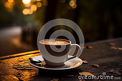 Cafe ambiance with blurred bokeh, vibrant scene, aromatic coffees, indulgent pastries, cozy lighting Stock Photo