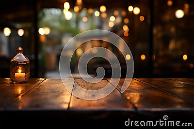 Cafe ambiance wooden table on a backdrop of golden bokeh Stock Photo