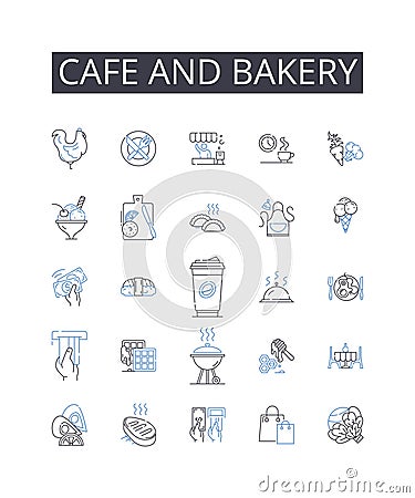 Cafe and bakery line icons collection. Sweet Shop, Diner Eatery, Juice Bar, Pizza Parlor, Burger Joint, Tasty Treats Vector Illustration