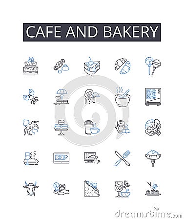 Cafe and bakery line icons collection. Sweet Shop, Diner Eatery, Juice Bar, Pizza Parlor, Burger Joint, Tasty Treats Vector Illustration