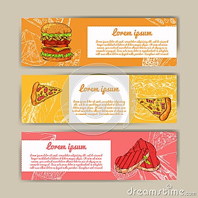 Cafe banners with hand drawn design. Fast food restaurant menu template. Set of cards for corporate identity. Vector Vector Illustration